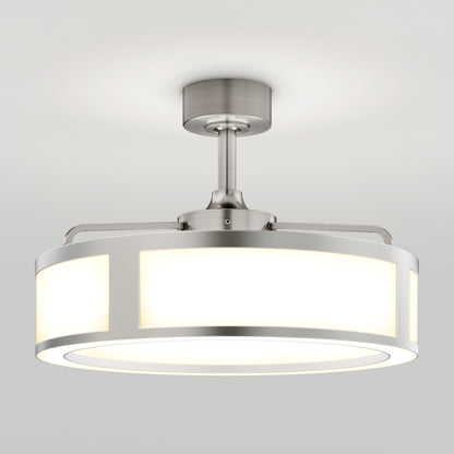 The Artika Huxley 23 in. LED modern ceiling fan offers 3 speeds and features a sleek design that provides soft, even lighting with a round frosted glass shade and brushed nickel accents.