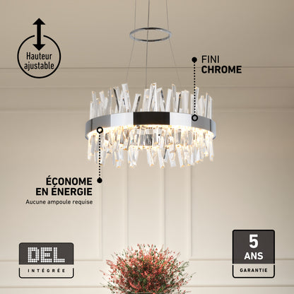 Enchanted LED pendant light featuring a round crystal design with chrome accents, adjustable height, energy efficiency, and a 5-year warranty.