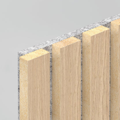 A close-up of the Artika-CAN-dev Sonolok 15.5 ft sound-absorbing wall panel kit, featuring evenly spaced vertical wooden slats on a gray textured backing for a modern, minimalist look.