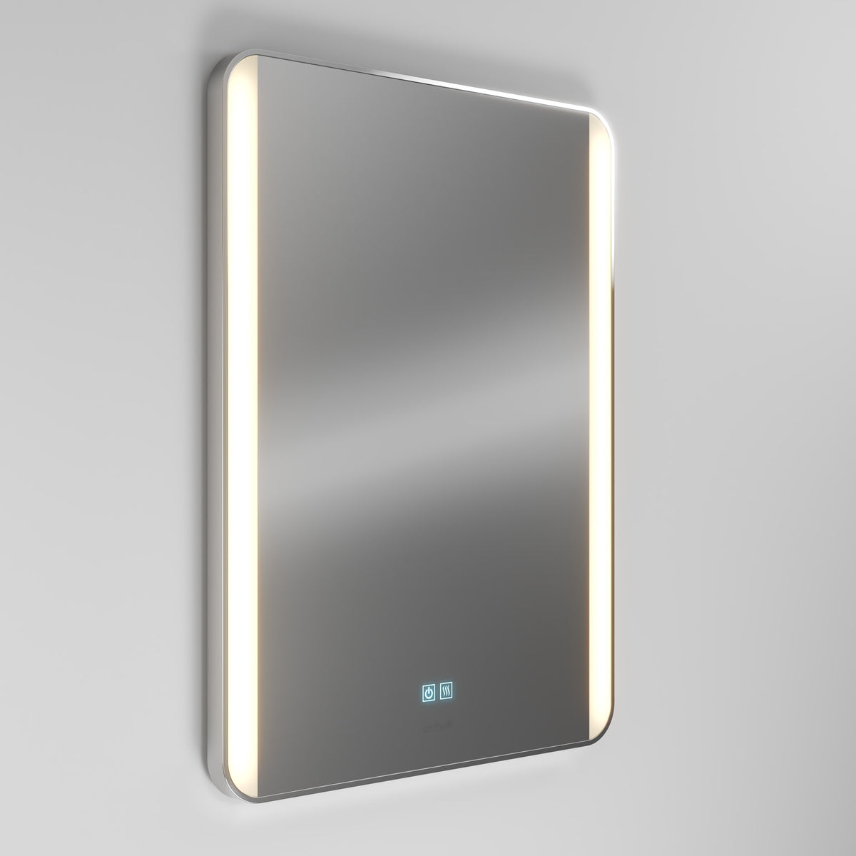 The Artika Onyx dimmable LED mirror 3 CCT is a rectangular, wall-mounted mirror with rounded corners and vertical LED lights on both sides, touch controls at the bottom center, shown against a plain light gray wall.