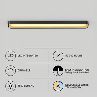 Alton 48 in. x 6 in. Modern Ceiling Light 5 CCT showing icons for dimmable, 2500-lumen, 50,000-hour life, and 5 CCT color features.