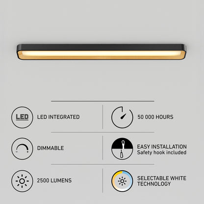 Alton 48 in. x 6 in. Modern Ceiling Light 5 CCT showing icons for dimmable, 2500-lumen, 50,000-hour life, and 5 CCT color features.