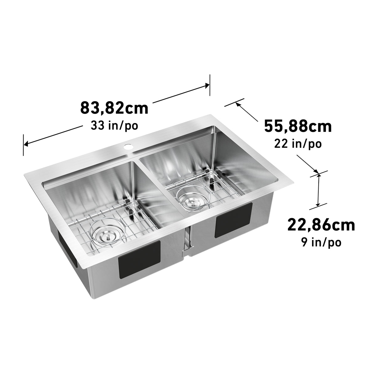 Stainless steel double kitchen sink with grid inserts, labeled dimensions 83.82 cm (33 in) wide, 55.88 cm (22 in) deep, and 22.86 cm (9 in) high.