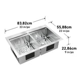 Stainless steel double kitchen sink with grid inserts, labeled dimensions 83.82 cm (33 in) wide, 55.88 cm (22 in) deep, and 22.86 cm (9 in) high.