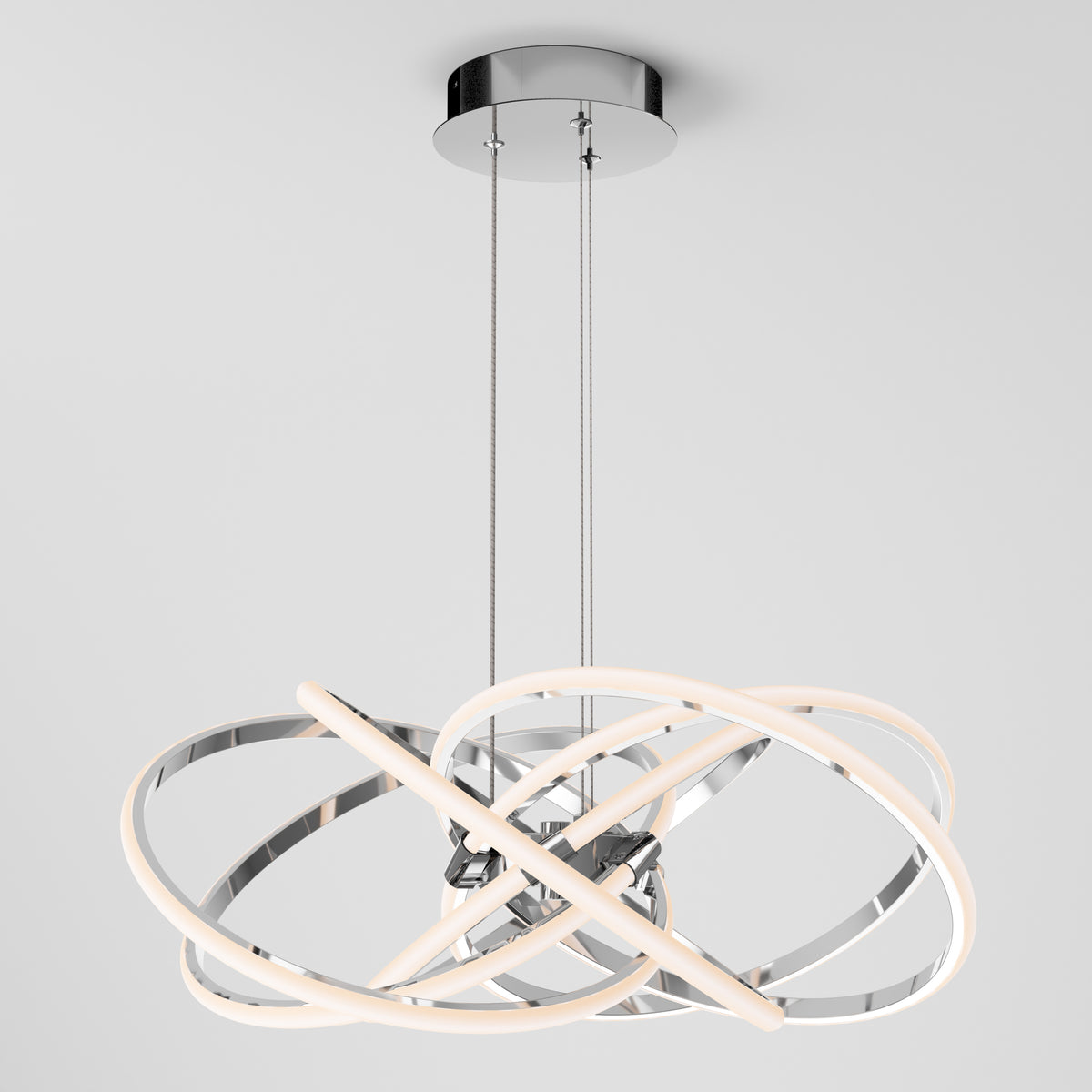 A modern, sculptural LED pendant light fixture with intertwined metallic rings and integrated glowing tubes, suspended from the ceiling by two thin cables and a round chrome canopy.