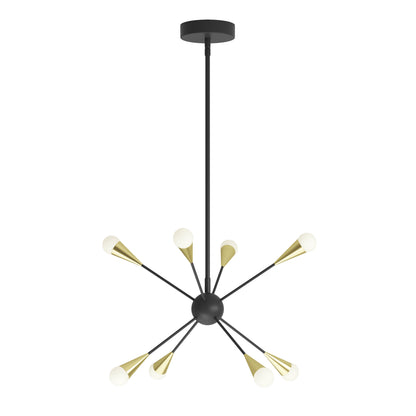The Artika Wayden modern LED pendant light 3 CCT features a sleek black and gold design with eight arms radiating from a central sphere, each arm ending with a white globe-shaped bulb, suspended by a black rod.