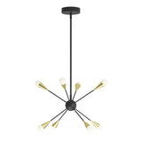 A modern black chandelier with eight angled arms, each ending in a brass cone and a round white bulb, suspended from the ceiling by a central rod.
