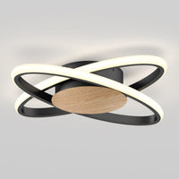 Artika Atomic 15 in. LED flush mount light, 5 CCT, black base, wood accent—modern rings on a gray ceiling.