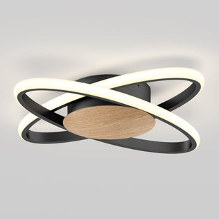 Artika Atomic 15 in. LED flush mount light, 5 CCT, black base, wood accent—modern rings on a gray ceiling.