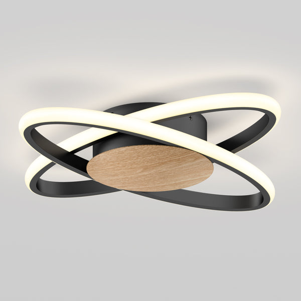 Artika Atomic 15 in. LED flush mount light, 5 CCT, black base, wood accent—modern rings on a gray ceiling.