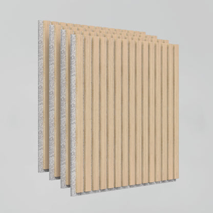 Four stacked Sonolok 15.5 ft sound-absorbing wall panels by Artika-CAN-dev, featuring vertical wooden slats and a gray felt backing, displayed against a plain light background.