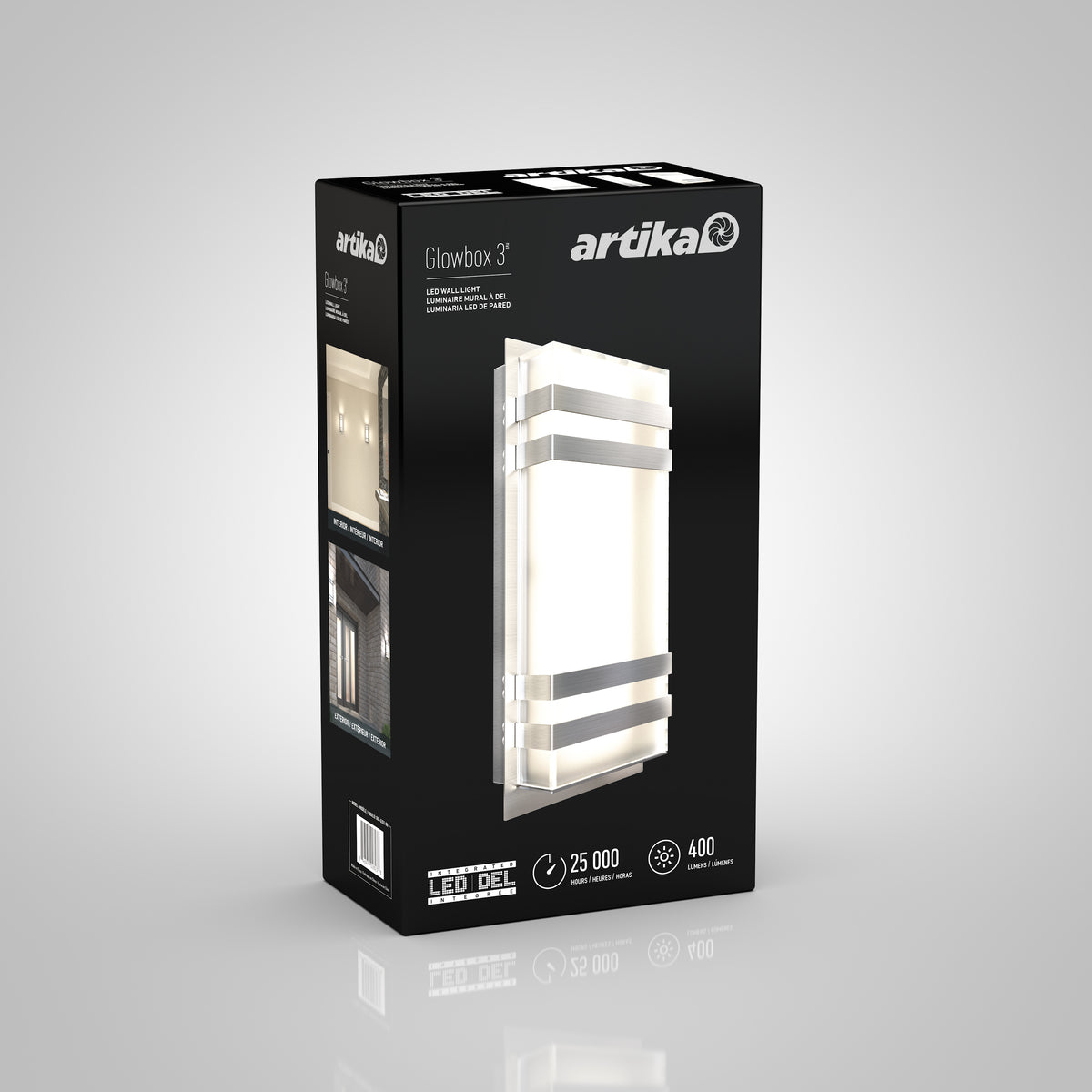 A black box packaging for the Artika Glowbox 3 LED wall light, showing an image of the modern rectangular fixture, key features like 25,000-hour lifespan, and icons for energy efficiency and brightness.