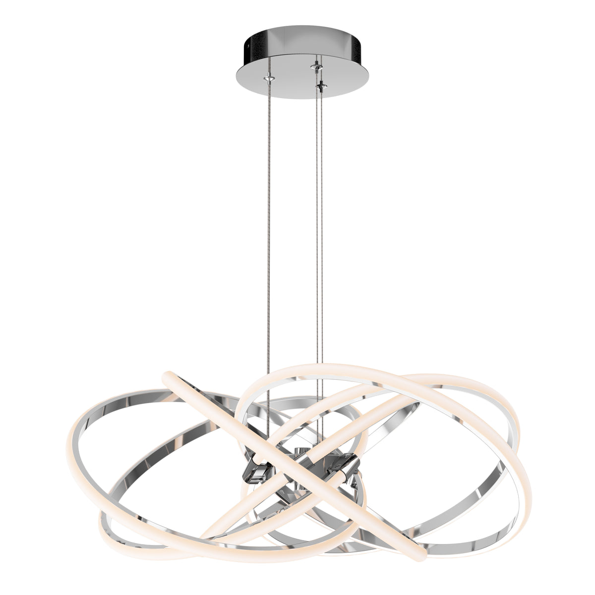 A modern pendant light fixture with intertwined, illuminated rings of chrome and white, suspended by two wires from a round chrome ceiling mount.