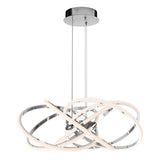 A modern pendant light fixture with intertwined, illuminated rings of chrome and white, suspended by two wires from a round chrome ceiling mount.