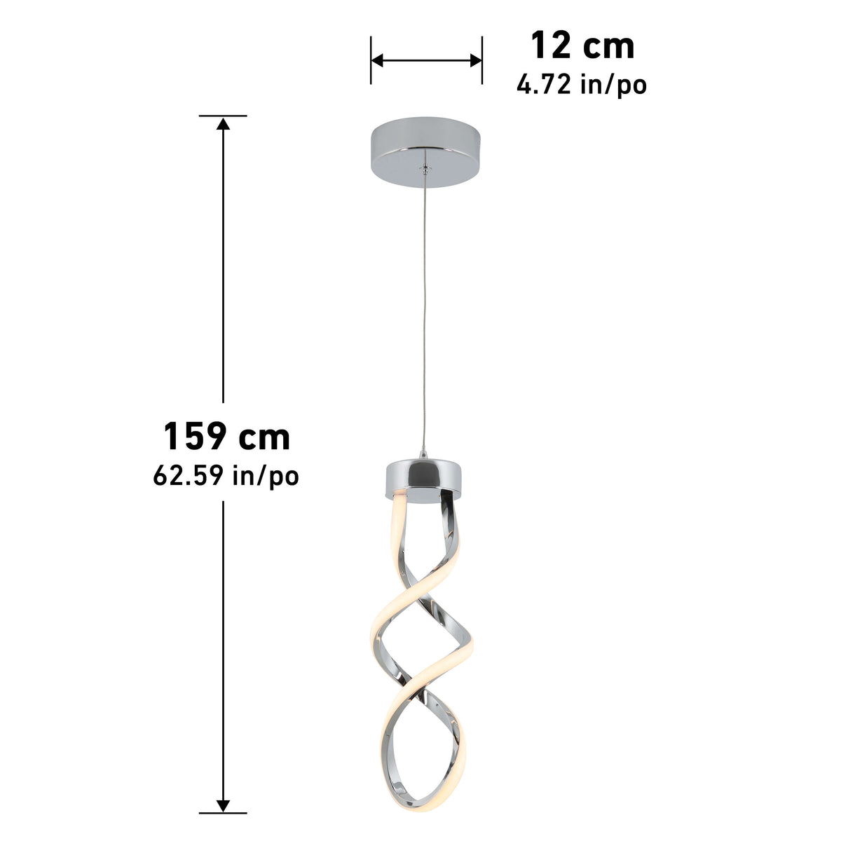 The Artika Mini Swirl LED pendant light features a modern design with chrome finish, hangs 159 cm (62.59 in) from the ceiling, and comes with a circular mount measuring 12 cm (4.72 in) in diameter.