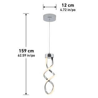 The Artika Mini Swirl LED pendant light features a modern design with chrome finish, hangs 159 cm (62.59 in) from the ceiling, and comes with a circular mount measuring 12 cm (4.72 in) in diameter.