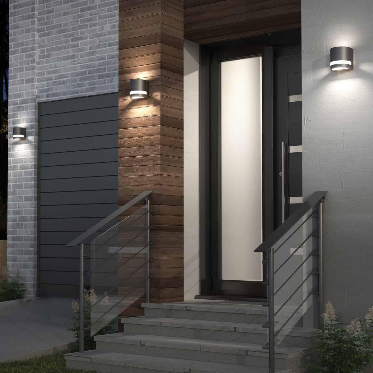 Sleek front door with wood, brick, metal railings, steps, and Artika Valor Round LED Wall Lights brightening the entryway.