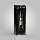 A black box displays a modern pendant light fixture named Gatsby Mini by Artika, featuring a gold and black cage design with a visible light bulb inside. The box is set against a plain gray background.