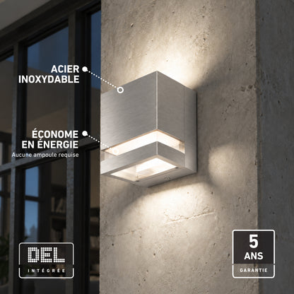 Square Artika Valor Square LED indoor-outdoor wall light in stainless steel, featuring energy-efficient design and a five-year warranty.