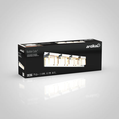 A rectangular black Artika box showcases the Bubble Cube 4-light LED bathroom vanity light, with product details and icons highlighting LED technology and 35,000 hours of use.