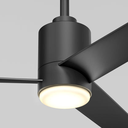 Close-up of the Artika Ellison 52 in. LED modern ceiling fan with three blades and remote, featuring a circular integrated LED light, set against a plain light gray background.