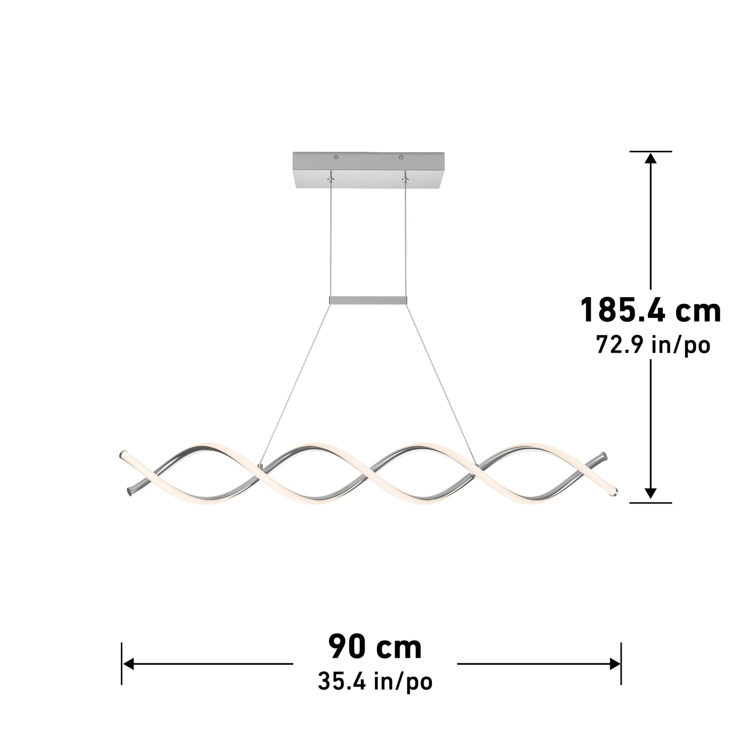 The DNA Linear LED modern pendant light by Artika-CAN-dev features a wave-like design, matte black finish, and integrated LEDs. It measures 185.4 cm high by 90 cm wide, suspended from the ceiling and shown with labeled measurement lines.