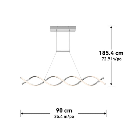 The DNA Linear LED modern pendant light by Artika-CAN-dev features a wave-like design, matte black finish, and integrated LEDs. It measures 185.4 cm high by 90 cm wide, suspended from the ceiling and shown with labeled measurement lines.