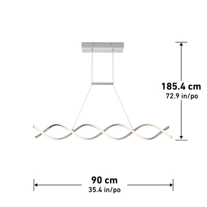 The Artika DNA Linear LED modern pendant light features a wavy LED design and hangs from a rectangular mount. It measures 90 cm (35.4 in) wide by 185.4 cm (72.9 in) high.