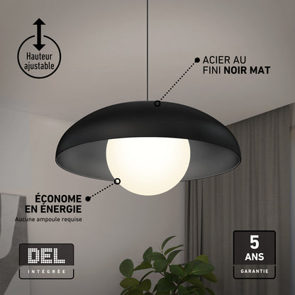 Matte black Artika Boden LED modern mid-century pendant light 3 CCT with an illuminated globe, featuring labels for height, efficiency, and warranty.