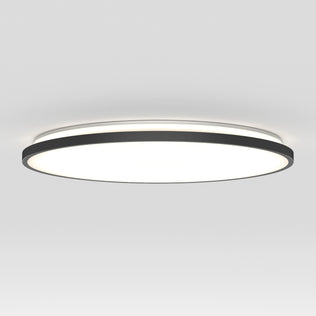 The Artika Europa 21 in. LED modern flush mount light features a black-edged circular design with a bright white center, mounted on a white ceiling, and comes with a remote for easy control.