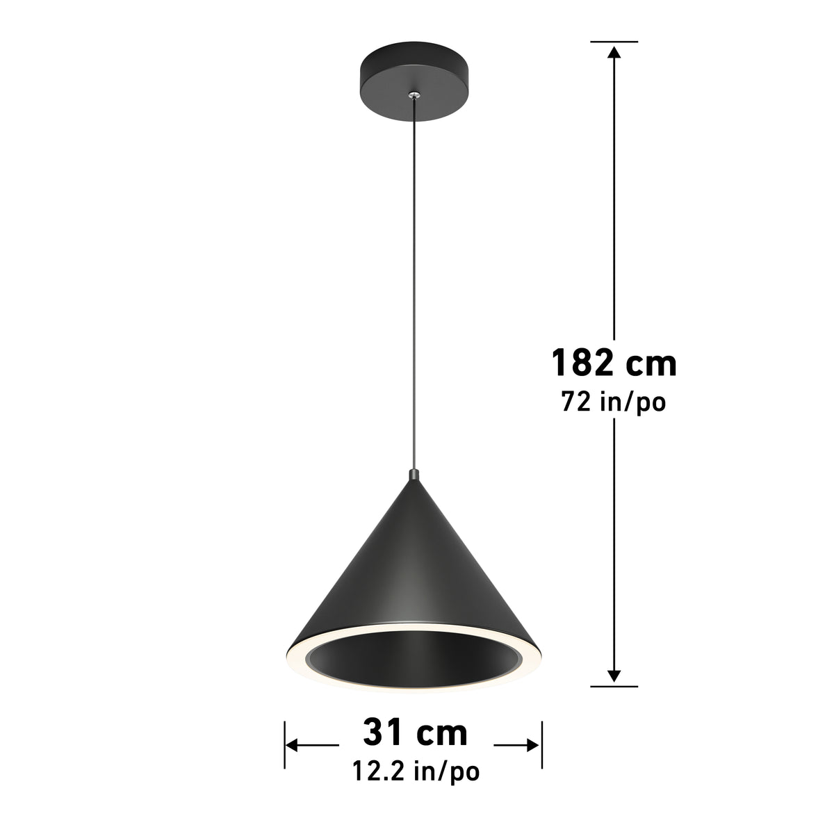 A black cone-shaped pendant light hangs from the ceiling with dimensions labeled: height 182 cm (72 in) and diameter 31 cm (12.2 in).