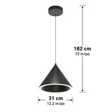 A black cone-shaped pendant light hangs from the ceiling with dimensions labeled: height 182 cm (72 in) and diameter 31 cm (12.2 in).