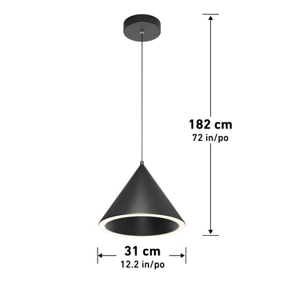 The Artika Denali modern LED pendant light 3 CCT features a sleek black conical shade (31 cm/12.2 in diameter) and hangs 182 cm (72 in) from the ceiling, perfect for contemporary spaces.
