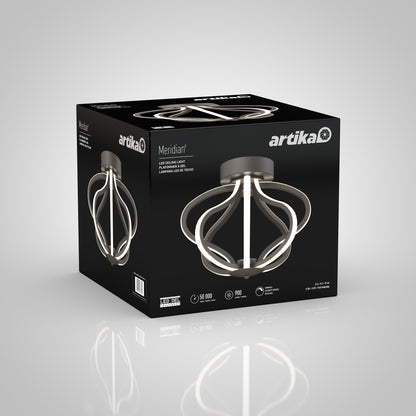 A black box showcases the Artika Meridian LED flush mount light, displaying a sleek, modern fixture with ribbon-like LEDs. The packaging highlights product details and specifications.
