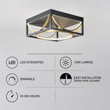 Modern square LED ceiling light with integrated LED, 1000 lumens, dimmable feature, 50,000-hour lifespan, and easy installation with safety hook; icons and descriptions are shown alongside the fixture.