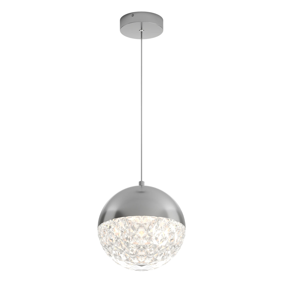 A modern pendant light with a round silver metallic top and a textured clear lower half, hanging from a thin cable attached to a circular ceiling mount.
