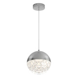 A modern pendant light with a round silver metallic top and a textured clear lower half, hanging from a thin cable attached to a circular ceiling mount.