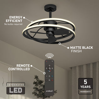 The Artika Coda 23 in. LED modern ceiling fan features a matte black finish, remote control, tunable light, and 5-year warranty.