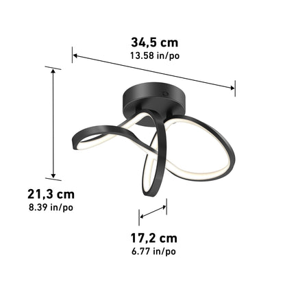 The Artika Loop modern LED flush mount light features three looping arms; it measures 34.5 cm (13.6 in) wide, 21.3 cm (8.4 in) high, and 17.2 cm (6.8 in) deep with all dimensions shown in both centimeters and inches.