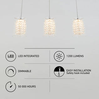 Three Artika Crystal Cube 3-light LED pendant lights hang above icons and text highlighting features: LED integrated, 1200 lumens, dimmable, 50,000 hours lifespan, and easy installation with a safety hook.