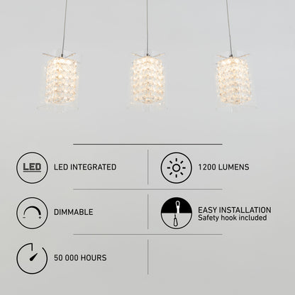 Three Artika Crystal Cube 3-light LED pendant lights hang above icons and text highlighting features: LED integrated, 1200 lumens, dimmable, 50,000 hours lifespan, and easy installation with a safety hook.
