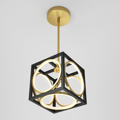 The Artika Astoria LED modern pendant light features a gold rod and ceiling mount, with a black cubical frame enclosing gold circular LED rings, all set against a plain white background.