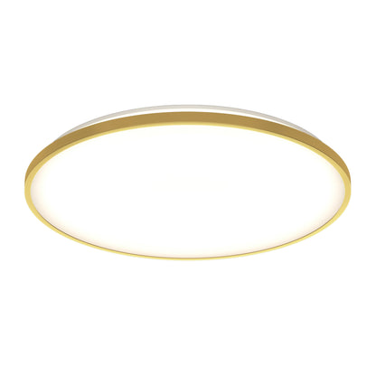 A modern, round ceiling light with a gold rim and a white illuminated surface, viewed from below against a white background.