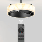 A modern ceiling fan with a circular light fixture is shown above a remote control, with a wireless signal icon indicating remote operation. The fan has black blades and a marble-patterned light ring.