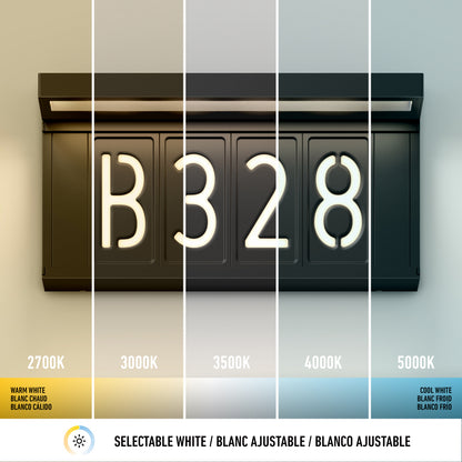 The Artika Bowen solar LED outdoor address wall light 5 CCT displays B328, offering five white light settings—2700K, 3000K, 3500K, 4000K, and 5000K—for maintenance-free illumination in warm to cool tones.