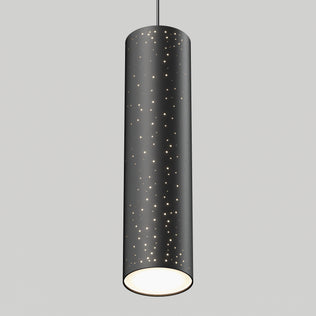 The Artika Cosmic modern LED pendant light 3 CCT features a black cylindrical design with star-like perforations, an open bottom for soft illumination, and hangs from a thin cord against a plain light gray background.