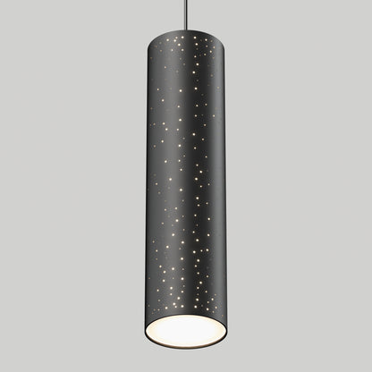 The Artika Cosmic modern LED pendant light 3 CCT features a black cylindrical design with star-like perforations, an open bottom for soft illumination, and hangs from a thin cord against a plain light gray background.