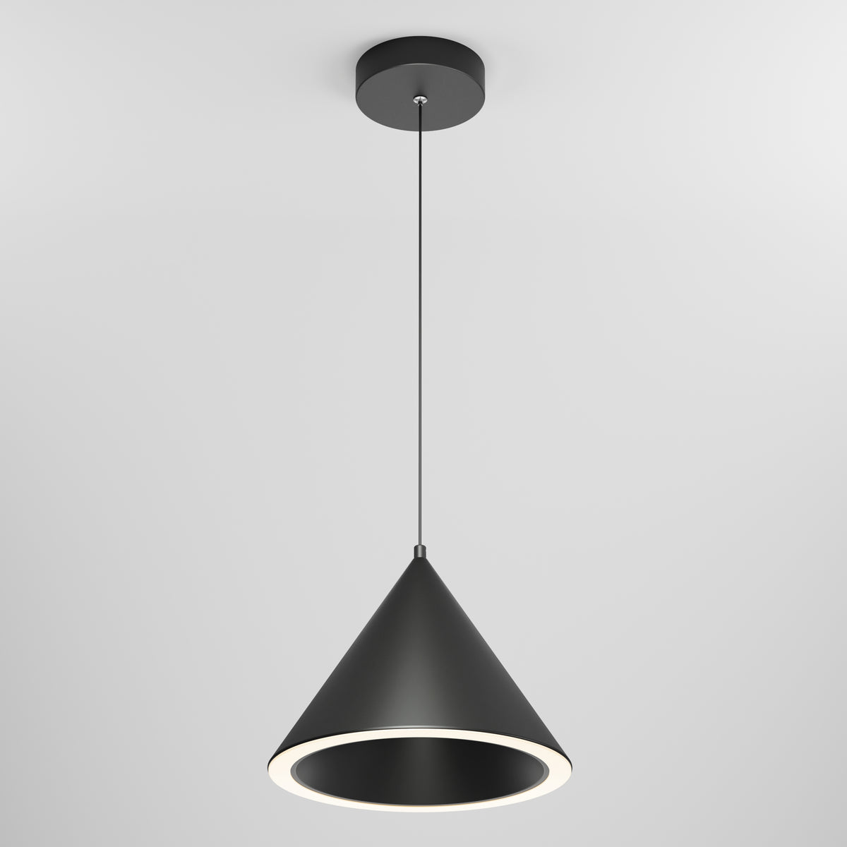 The Denali modern LED pendant light 3 CCT by Artika features a black cone-shaped shade suspended from a round ceiling mount on a slim cord, softly illuminating the lower rim against a plain white background.