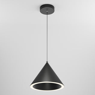 The Denali modern LED pendant light 3 CCT by Artika features a black cone-shaped shade suspended from a round ceiling mount on a slim cord, softly illuminating the lower rim against a plain white background.