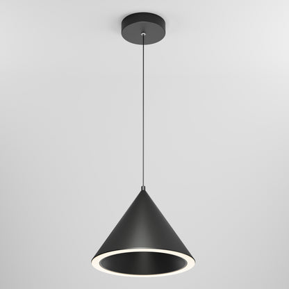 The Denali modern LED pendant light 3 CCT by Artika features a black cone-shaped shade suspended from a round ceiling mount on a slim cord, softly illuminating the lower rim against a plain white background.